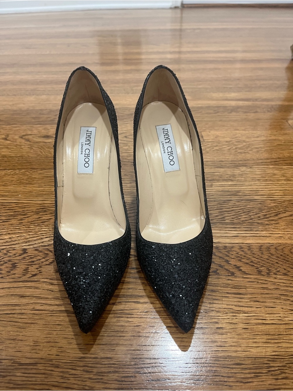 Jimmy Choo Black Glitter Pointed Toe Stiletto Pumps
